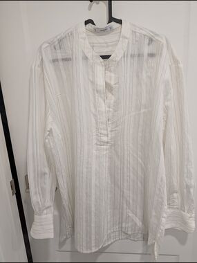 Mango Sheer White Pinstripe Band-Collar Casual Button-Down Shirt